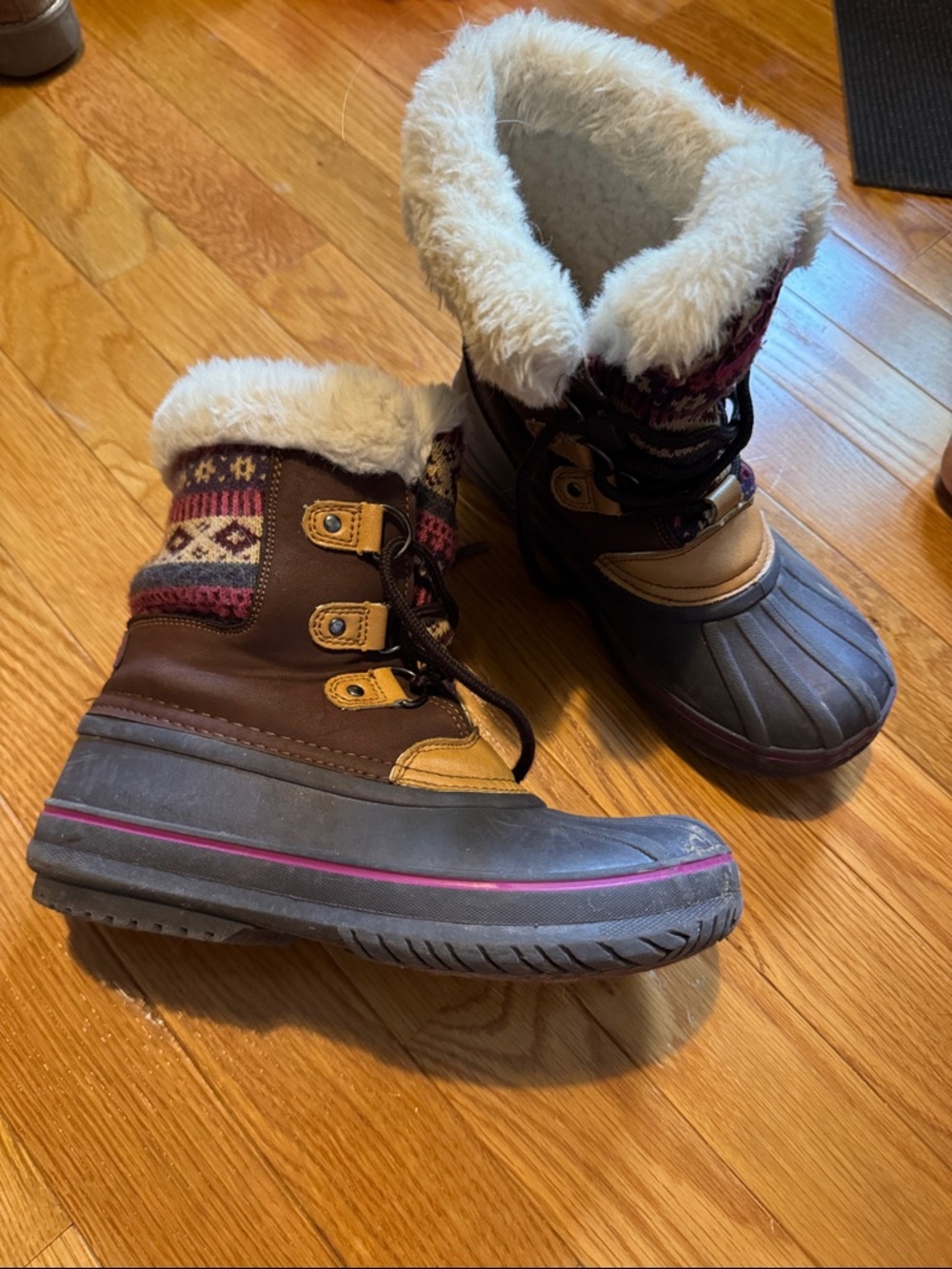 London Fog Kids Brown and Tan Winter Boots with Pink Accent